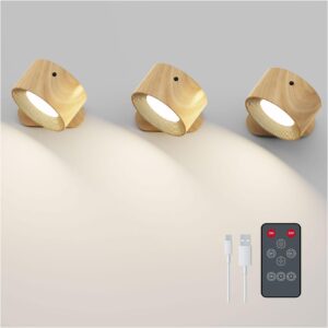 Koopala 3PACK Rechargeable LED Wall Sconce, Cordless Battery with Remote Powered Wall Sconce, 3 Brightness Levels, 360° Swivel Magnetic Shade for Reading Bedside, Wood Grain Color.